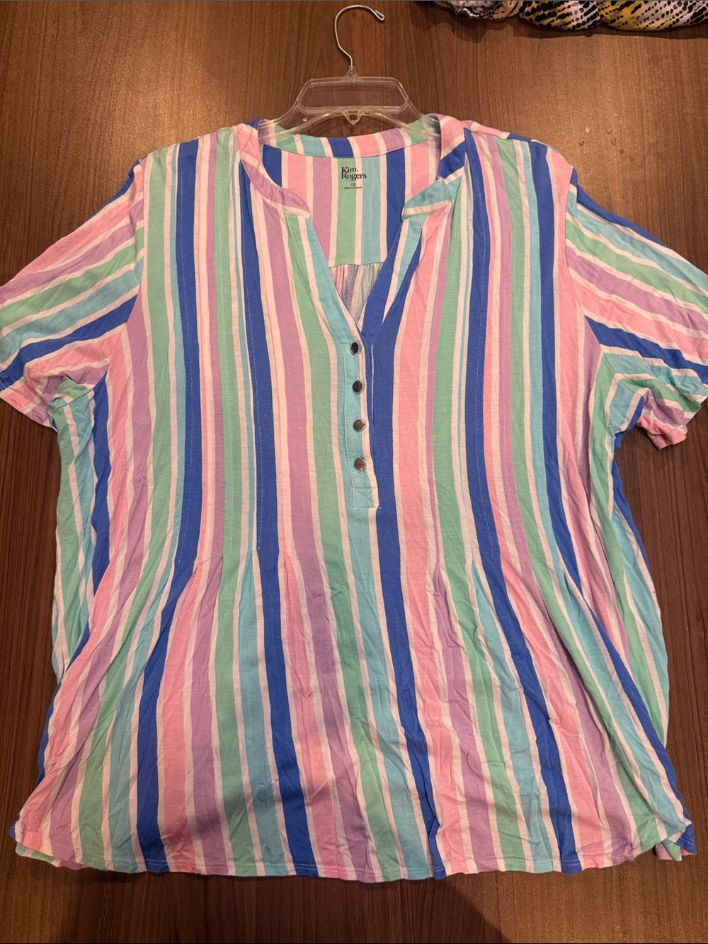 Kim Rogers Pastel Stripe Short Sleeve Henley in Blue Pink Mint Lavender